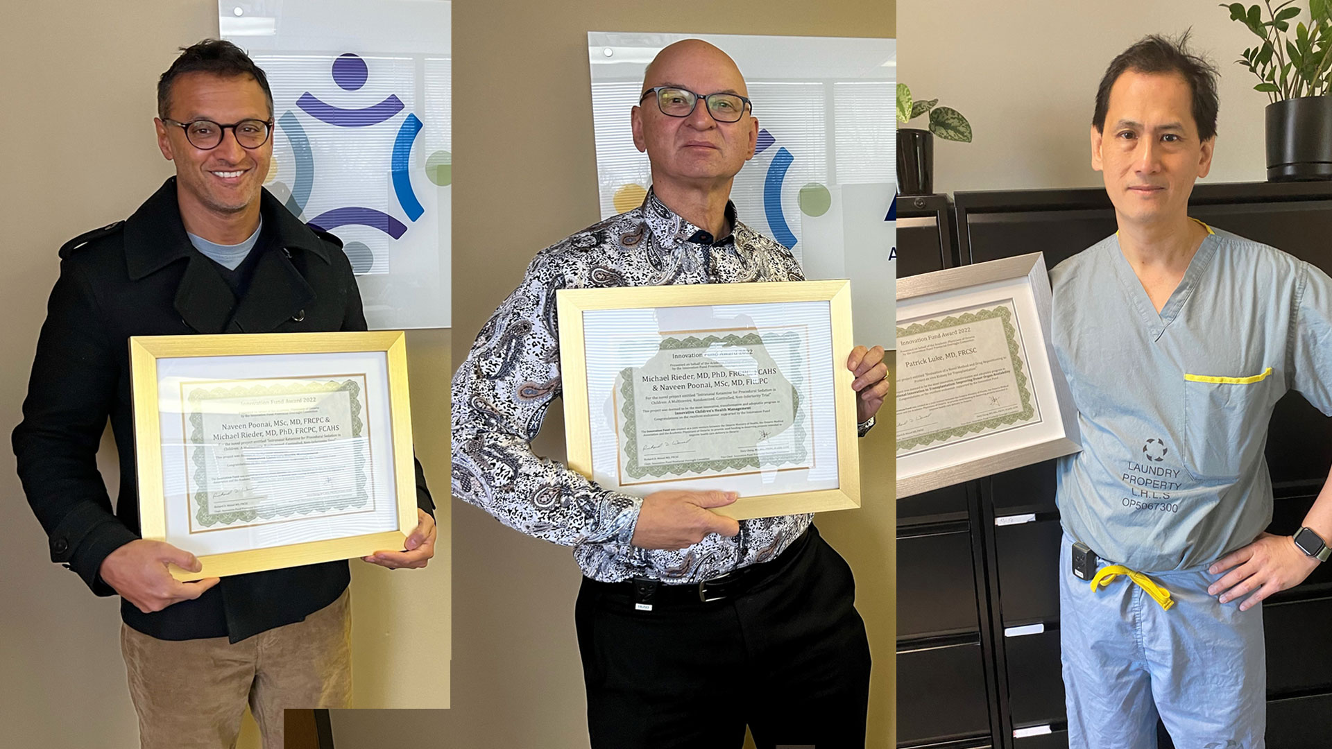 Dr. Naveen Poonai, Dr. Michael Rieder and Dr. Patrick Luke hold their Innovation Fund Award certificates. (Source: AMOSO)