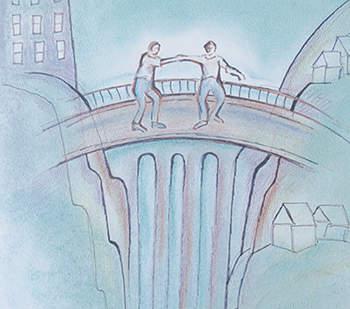 Drawing of two people on a bridge, a hospital on one side and the community on the other 