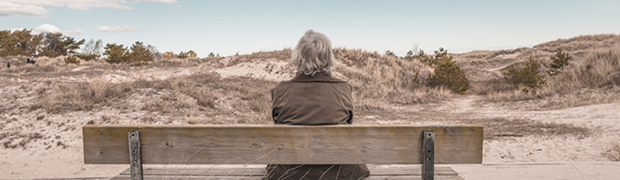 Photo of an older man sitting on a bench, looking out at nature 