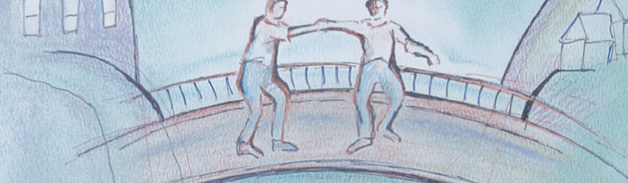 Drawing of two people on a bridge, with a hospital on one side and the community on the other 